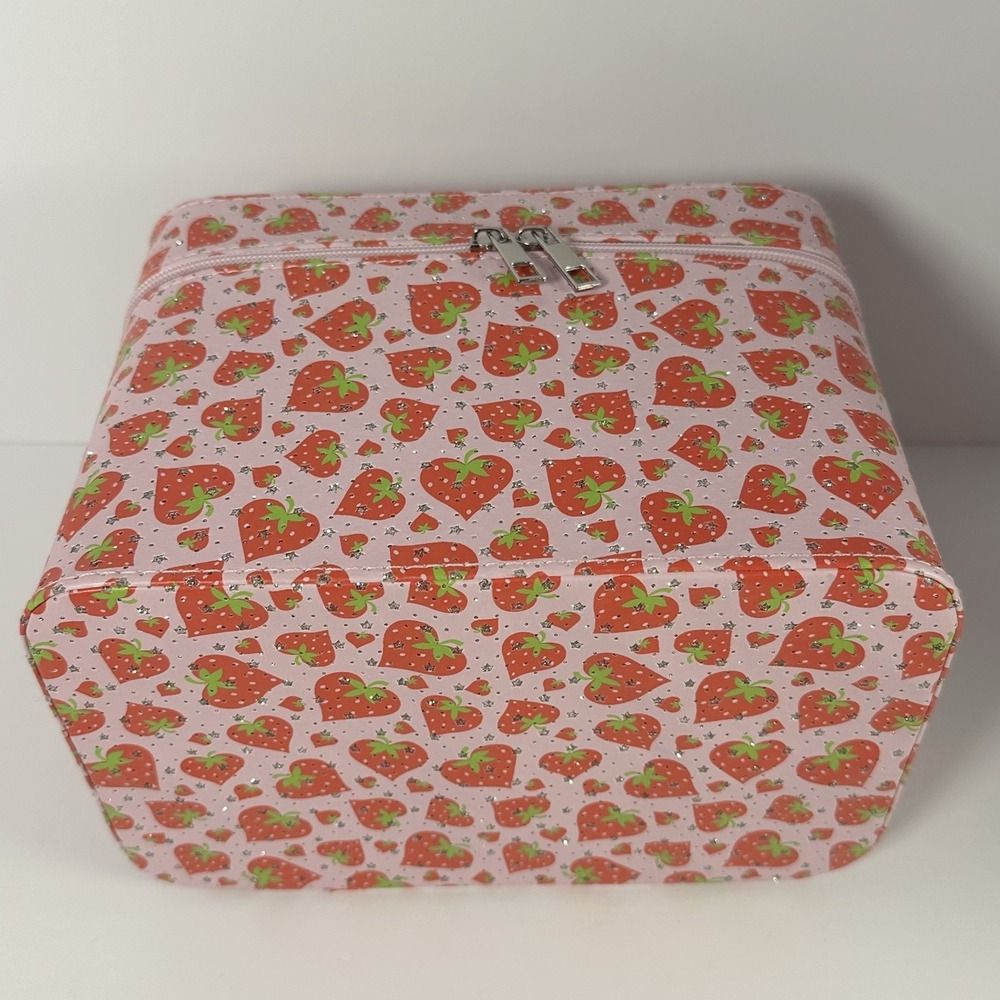 Pink Strawberry Makeup Train Case Cosmetic Bag Glitter Vanity Storage Case Y2K - Picture 6 of 11